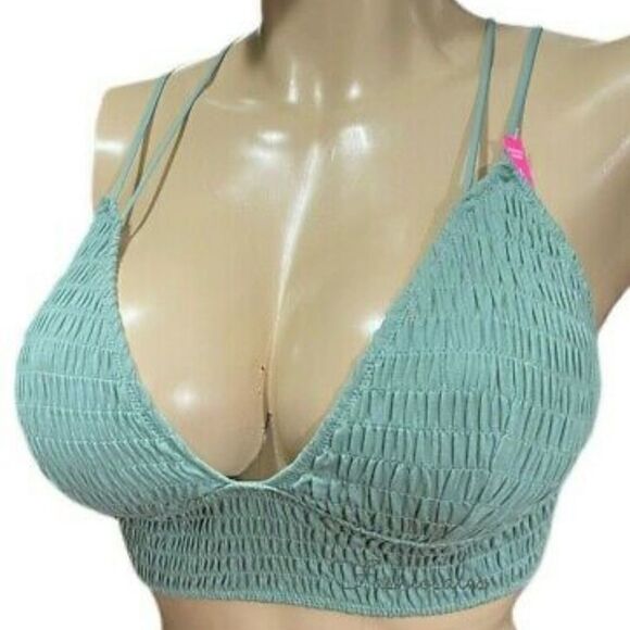 Victorias Secret Pink Smocked Triangle Lined Removable Padding Bralette green L - Picture 1 of 2